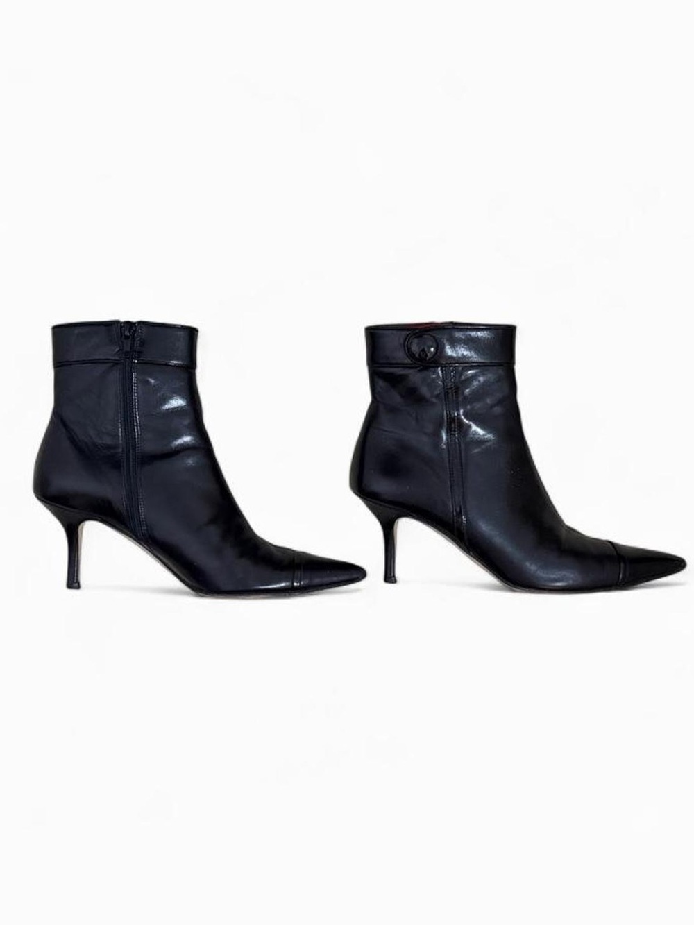 Coach Sonya Black Leather Patent Pointed Toe Kitten Heel Ankle Boots 7 M